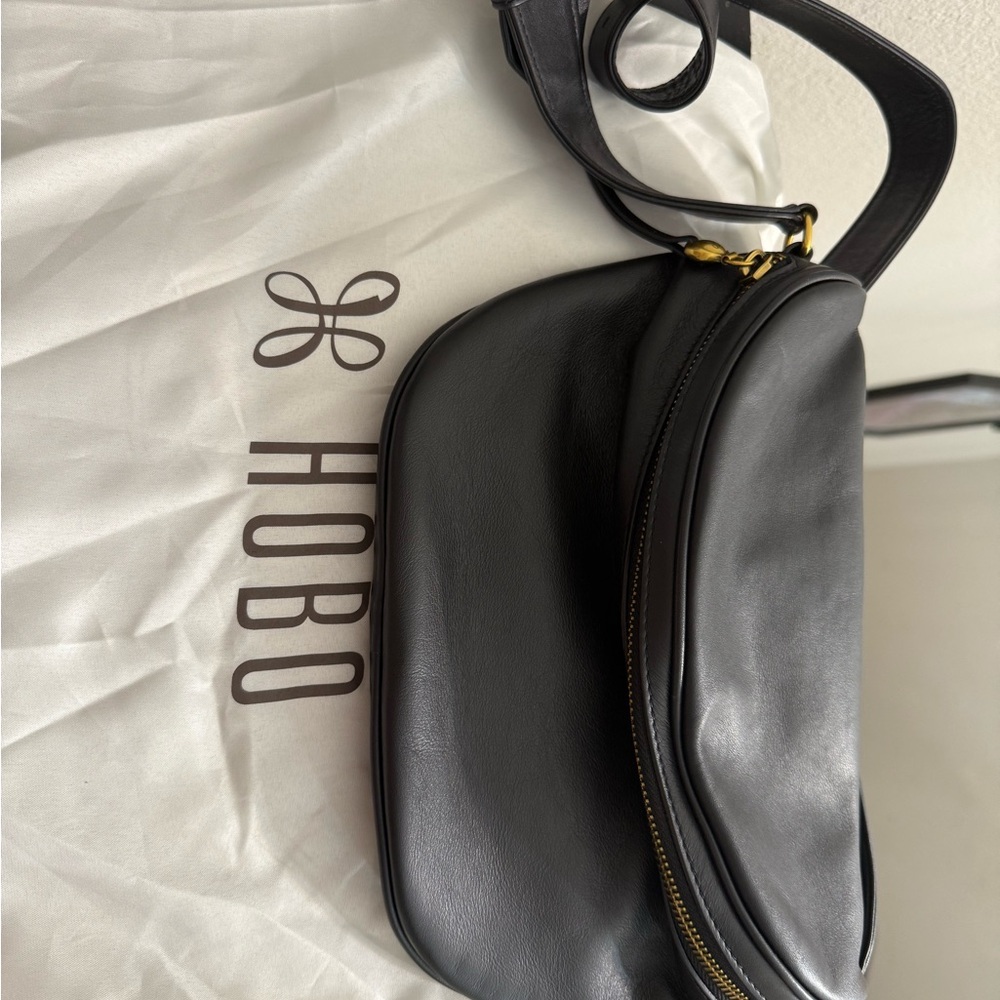 HOBO Black Leather Shoulder Bag with Gold Accent